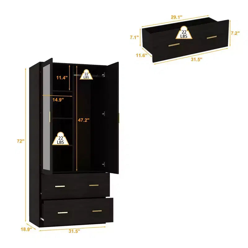 Armadio a 2 ante Marrone / Bianco con specchio e contenitore – Assemblaggio da 2 persone