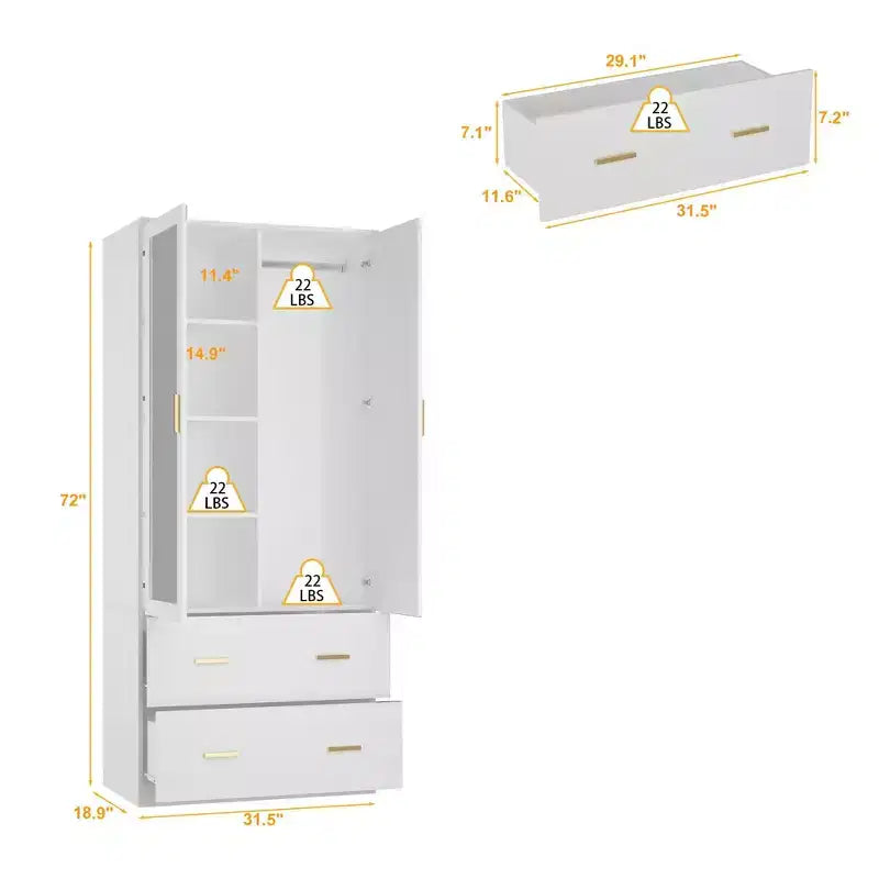 Armadio a 2 ante Marrone / Bianco con specchio e contenitore – Assemblaggio da 2 persone