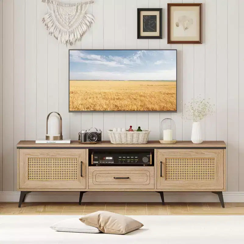 Mobile TV in rovere con ante in rattan per TV fino a 65", 1 persona