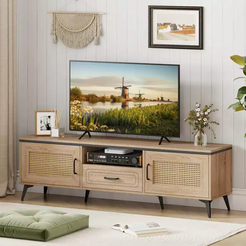 Mobile TV in rovere con ante in rattan per TV fino a 65", 1 persona