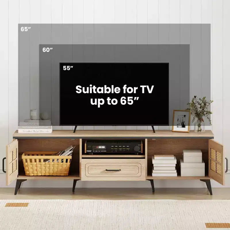 Mobile TV in rovere con ante in rattan per TV fino a 65", 1 persona