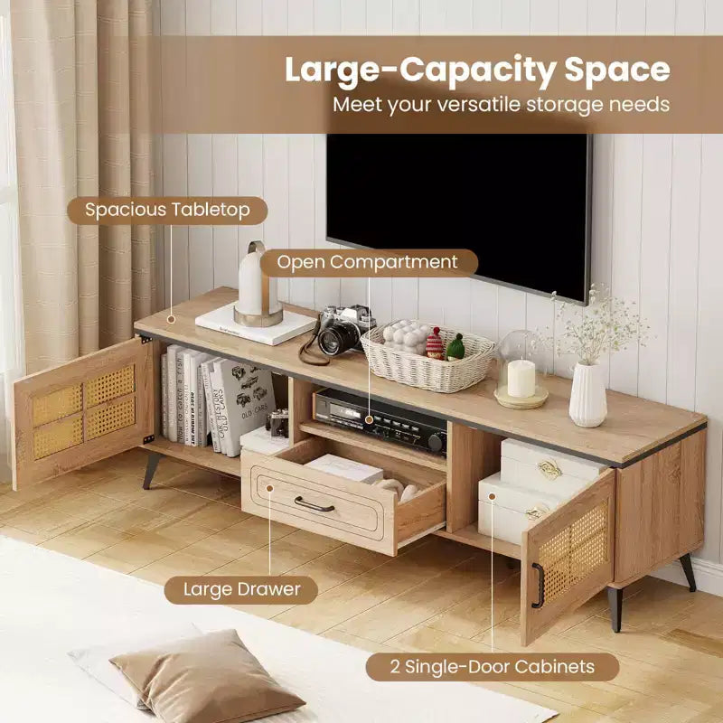 Mobile TV in rovere con ante in rattan per TV fino a 65", 1 persona