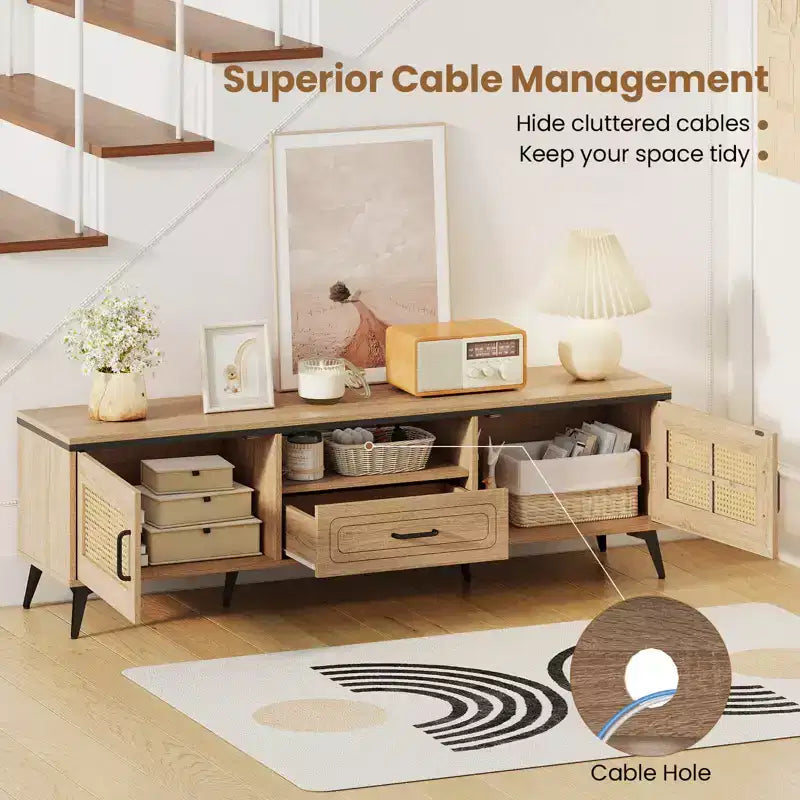 Mobile TV in rovere con ante in rattan per TV fino a 65", 1 persona