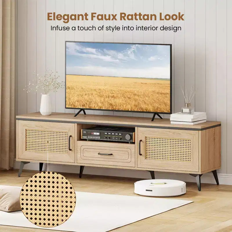 Mobile TV in rovere con ante in rattan per TV fino a 65", 1 persona