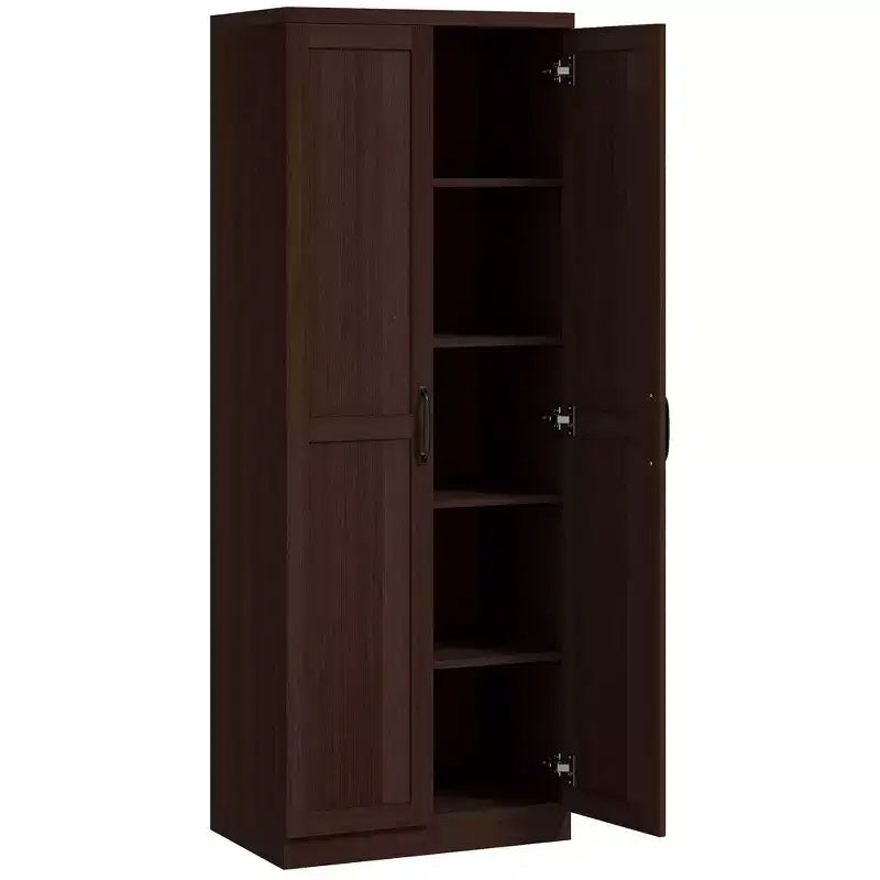 Armadio autoportante a 5 ripiani con venatura effetto legno nero/ciliegio/teak, 2 ante e ripiani regolabili