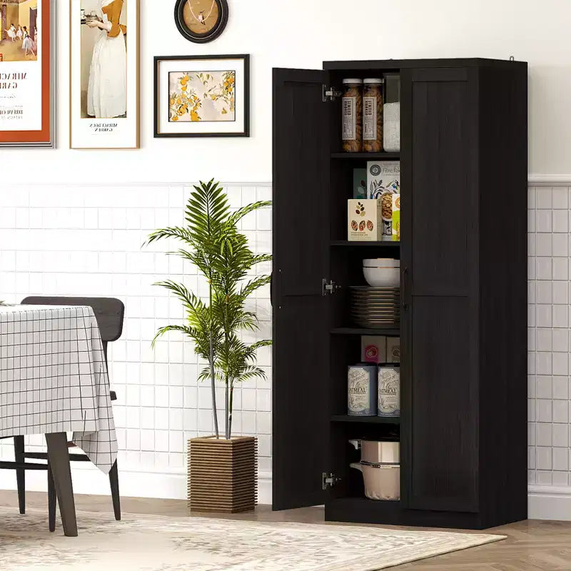 Armadio autoportante a 5 ripiani con venatura effetto legno nero/ciliegio/teak, 2 ante e ripiani regolabili