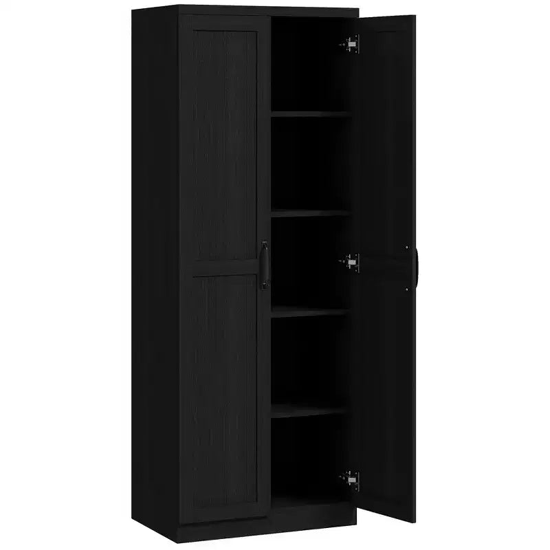 Armadio autoportante a 5 ripiani con venatura effetto legno nero/ciliegio/teak, 2 ante e ripiani regolabili
