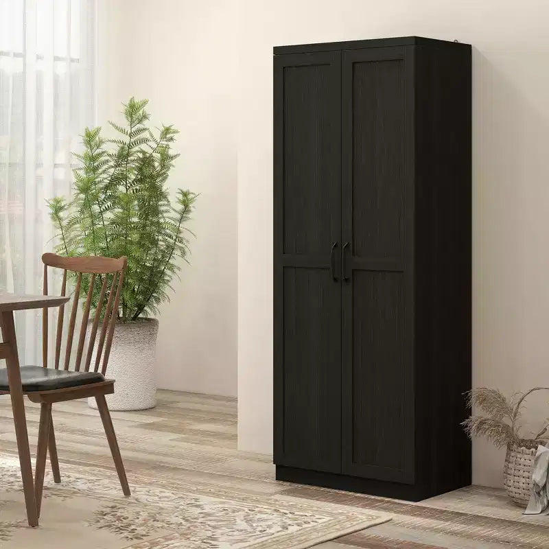Armadio autoportante a 5 ripiani con venatura effetto legno nero/ciliegio/teak, 2 ante e ripiani regolabili