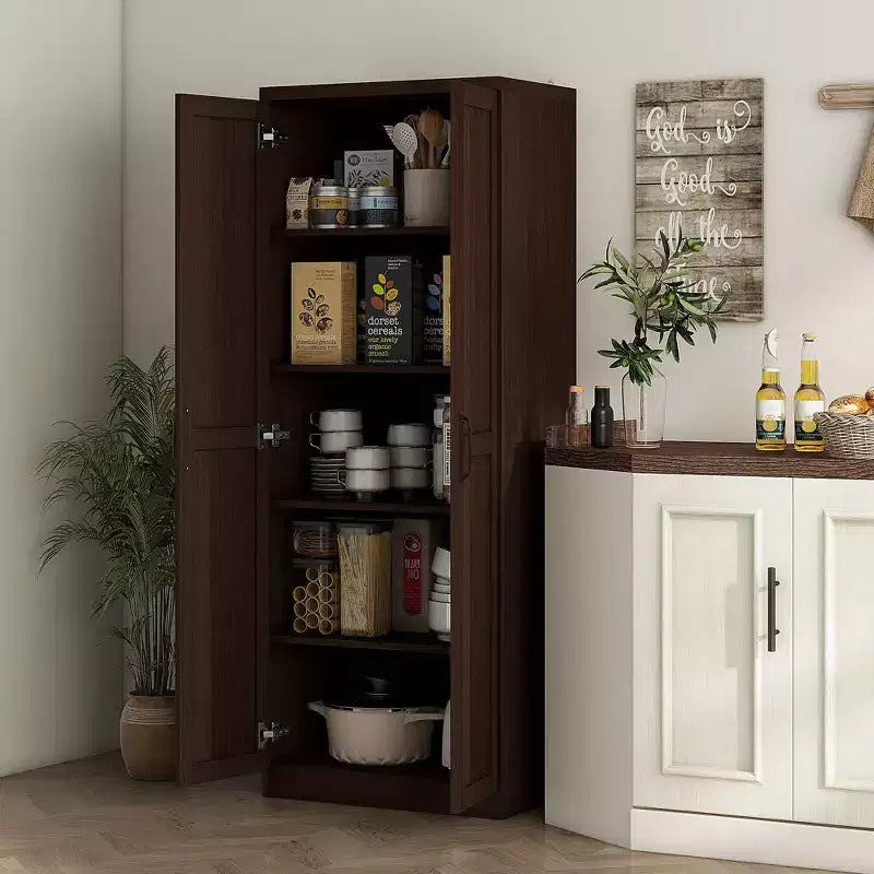 Armadio autoportante a 5 ripiani con venatura effetto legno nero/ciliegio/teak, 2 ante e ripiani regolabili
