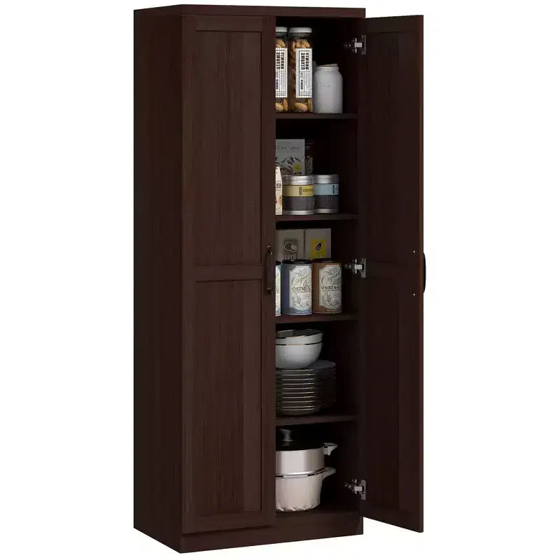 Armadio autoportante a 5 ripiani con venatura effetto legno nero/ciliegio/teak, 2 ante e ripiani regolabili