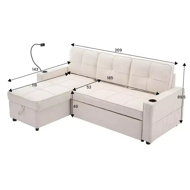 Divano letto angolare a 4 posti, beige/grigio/giallo