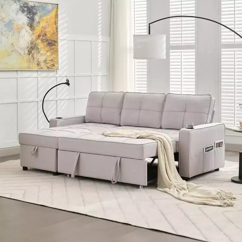 Divano letto angolare a 4 posti, beige/grigio/giallo