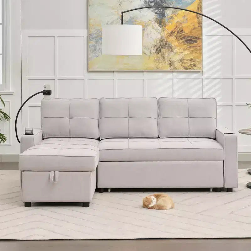 Divano letto angolare a 4 posti, beige/grigio/giallo