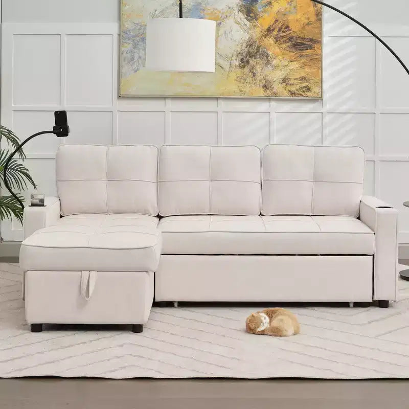 Divano letto angolare a 4 posti, beige/grigio/giallo