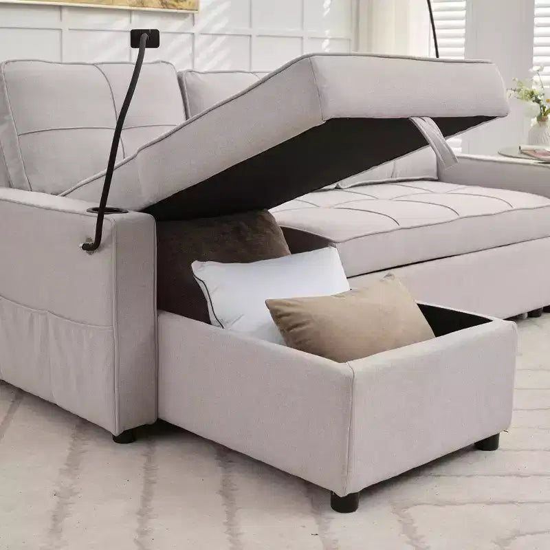Divano letto angolare a 4 posti, beige/grigio/giallo
