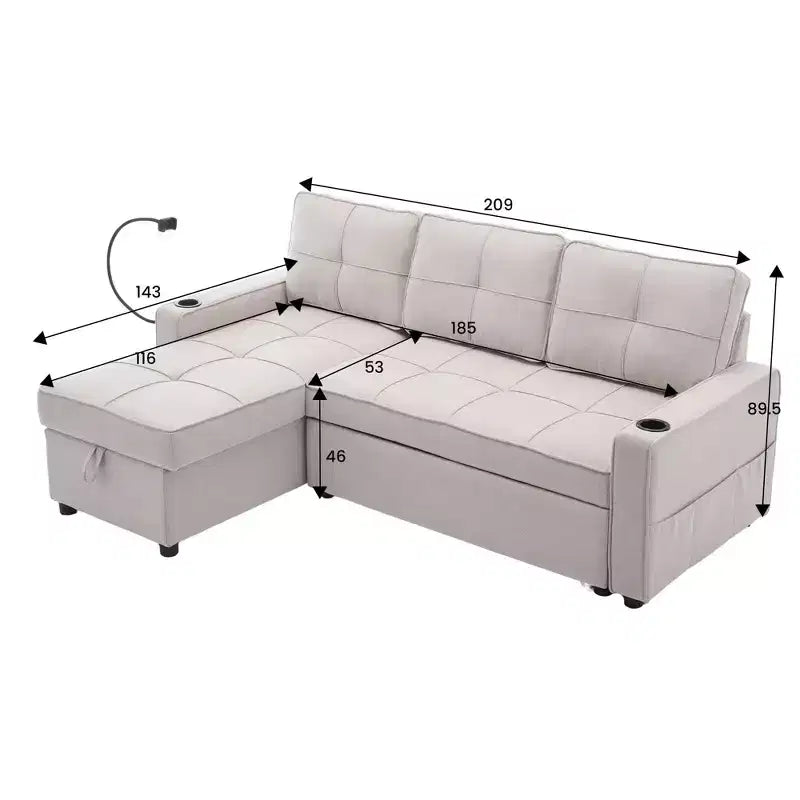 Divano letto angolare a 4 posti, beige/grigio/giallo