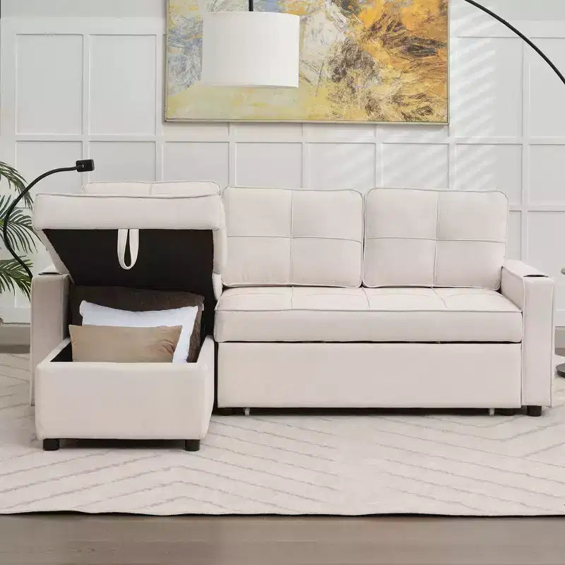 Divano letto angolare a 4 posti, beige/grigio/giallo