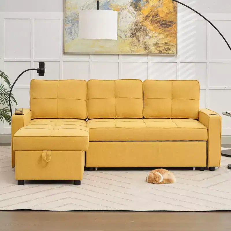 Divano letto angolare a 4 posti, beige/grigio/giallo