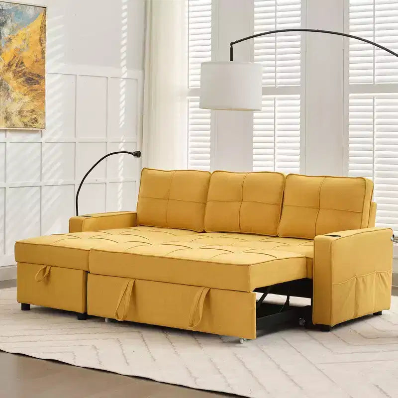 Divano letto angolare a 4 posti, beige/grigio/giallo
