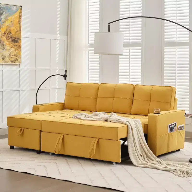 Divano letto angolare a 4 posti, beige/grigio/giallo