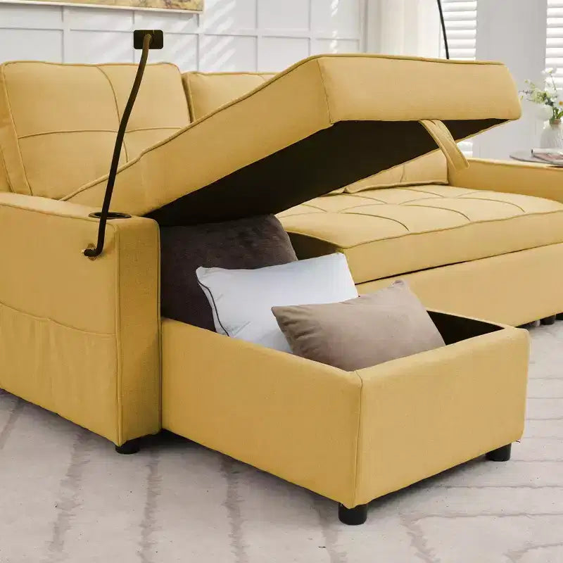 Divano letto angolare a 4 posti, beige/grigio/giallo