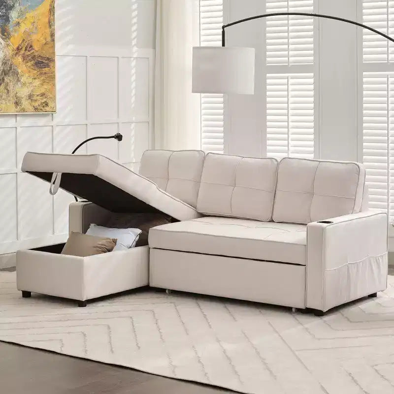 Divano letto angolare a 4 posti, beige/grigio/giallo