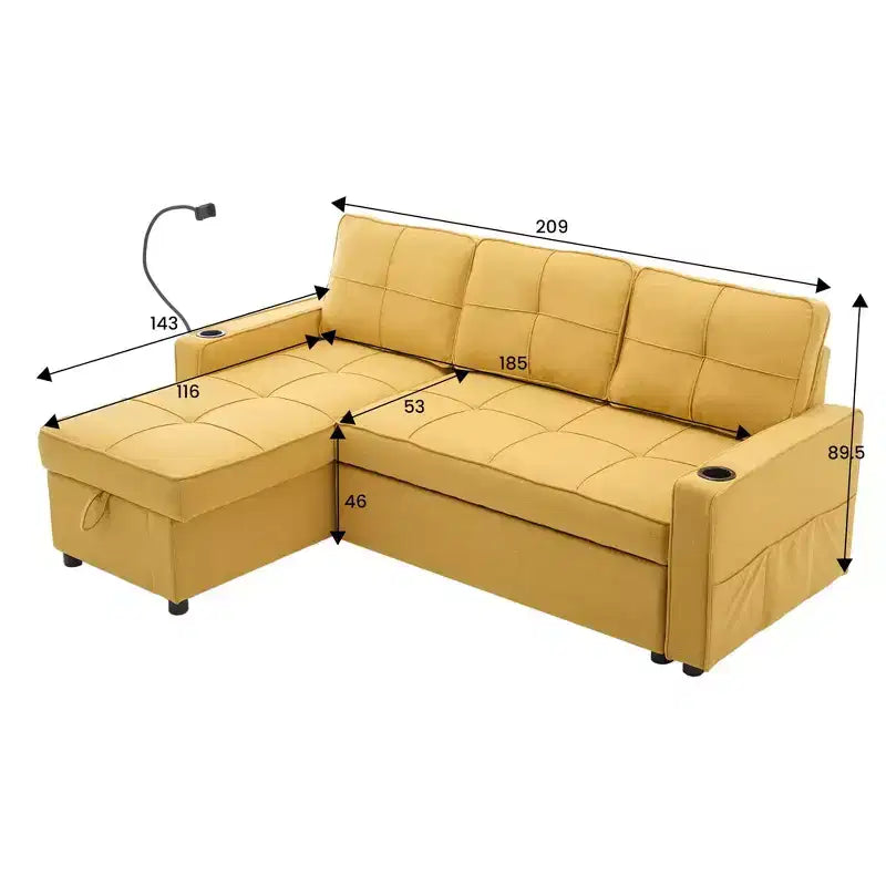 Divano letto angolare a 4 posti, beige/grigio/giallo
