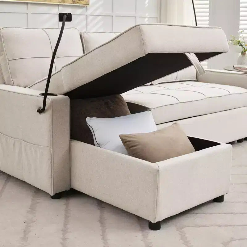 Divano letto angolare a 4 posti, beige/grigio/giallo