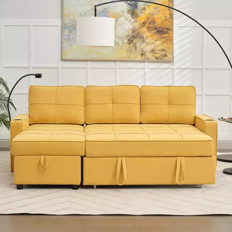 Divano letto angolare a 4 posti, beige/grigio/giallo