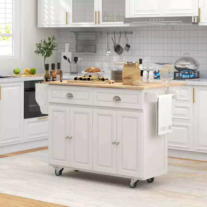 Carrello da Cucina Bianco con Piano a Scomparsa, per 2 – MDF e Piano in Legno di Caucciù