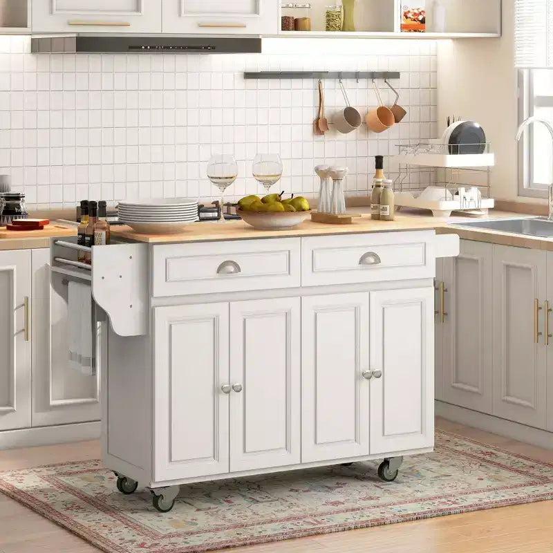 Carrello da Cucina Bianco con Piano a Scomparsa, per 2 – MDF e Piano in Legno di Caucciù