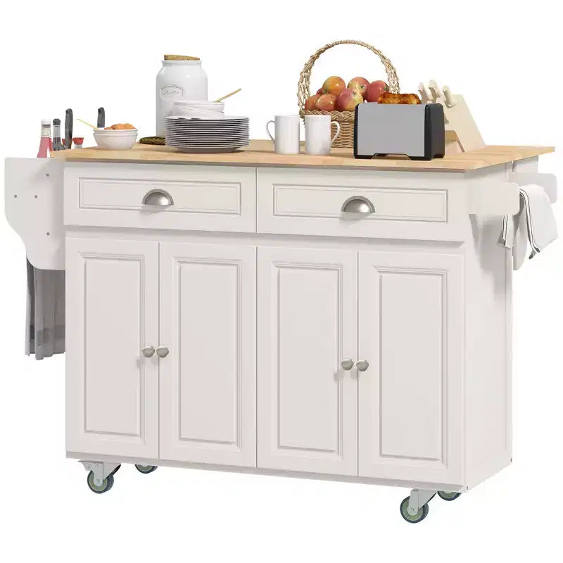 Carrello da Cucina Bianco con Piano a Scomparsa, per 2 – MDF e Piano in Legno di Caucciù