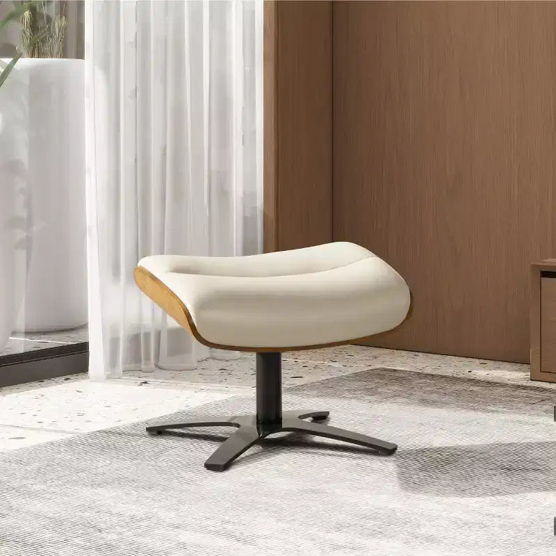 Pouf in pelle Mid-Century a 1 posto, color cioccolato / grigio scuro / pietra / bianco