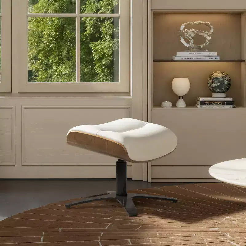 Pouf in pelle Mid-Century a 1 posto, color cioccolato / grigio scuro / pietra / bianco