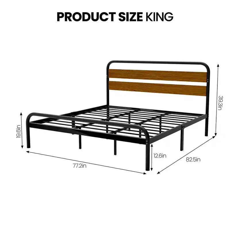 Struttura letto king size in metallo nero con testiera in legno, 1 persona