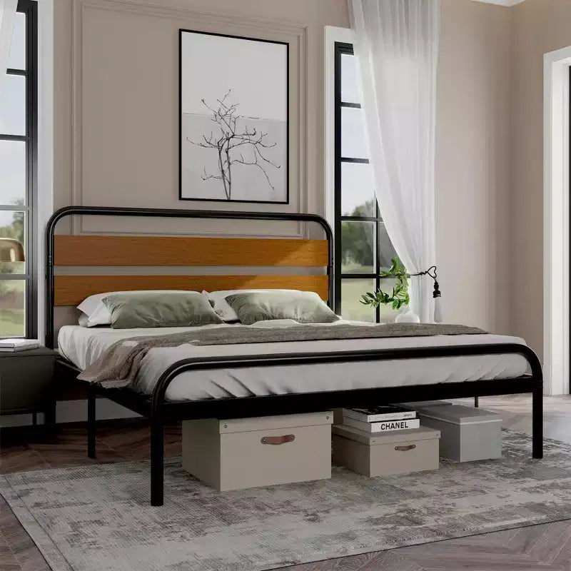 Struttura letto king size in metallo nero con testiera in legno, 1 persona