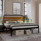 Struttura letto king size in metallo nero con testiera in legno, 1 persona