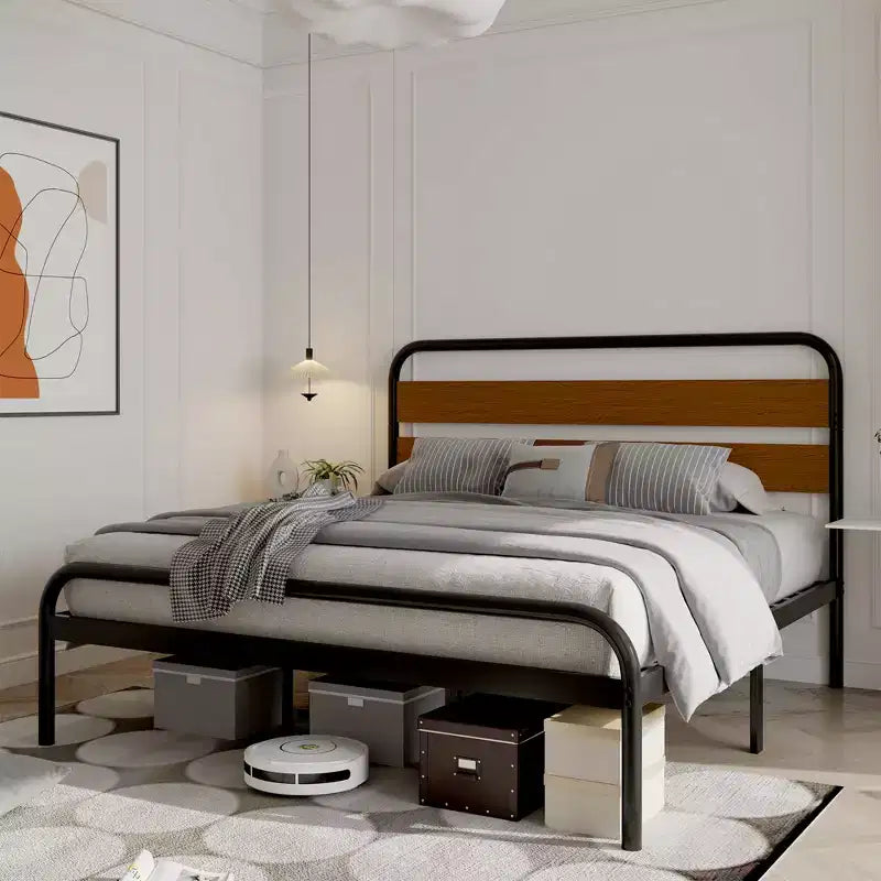 Struttura letto king size in metallo nero con testiera in legno, 1 persona