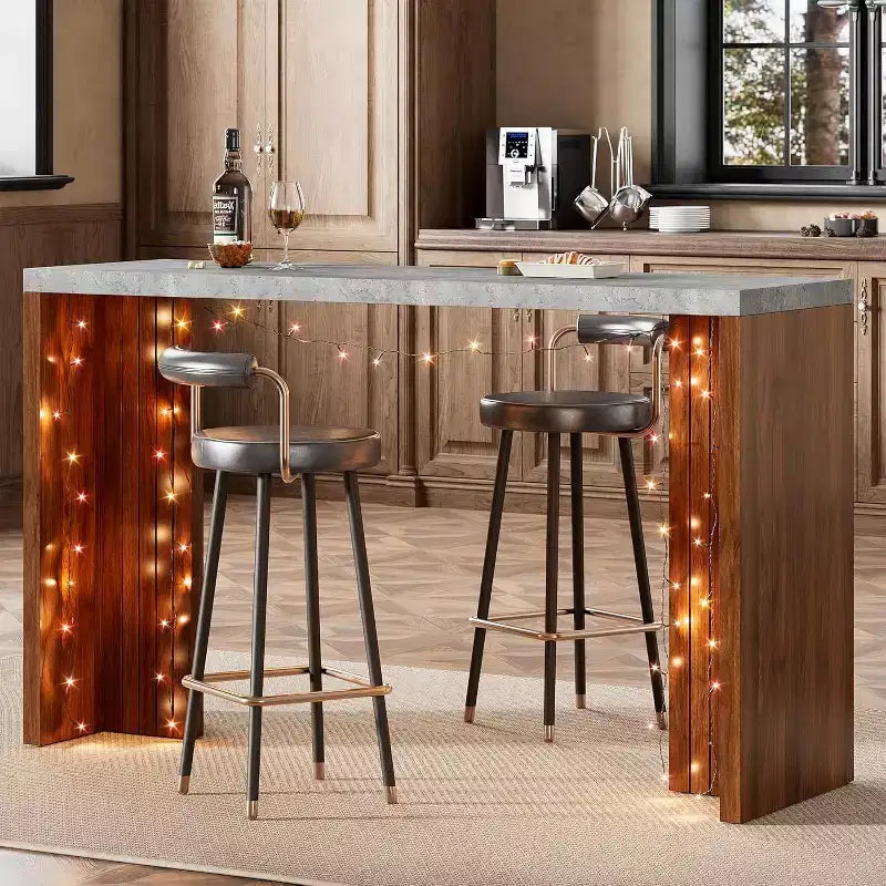 Tavolo da Bar ad Altezza Bancone Grigio/Bianco + Marrone/Noce, Piano Effetto Marmo, 4 Posti