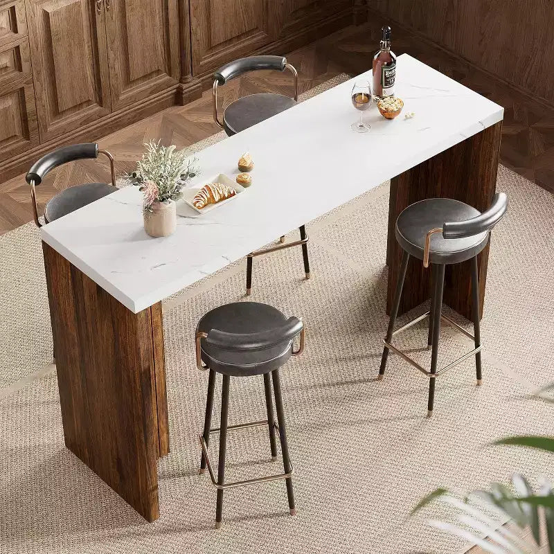 Tavolo da Bar ad Altezza Bancone Grigio/Bianco + Marrone/Noce, Piano Effetto Marmo, 4 Posti