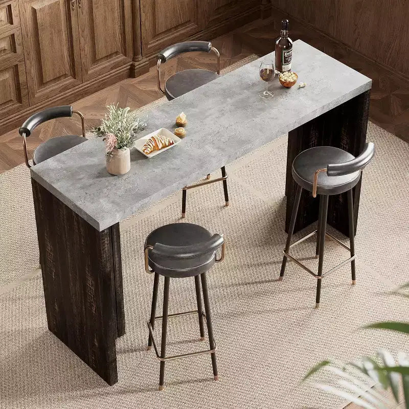 Tavolo da Bar ad Altezza Bancone Grigio/Bianco + Marrone/Noce, Piano Effetto Marmo, 4 Posti