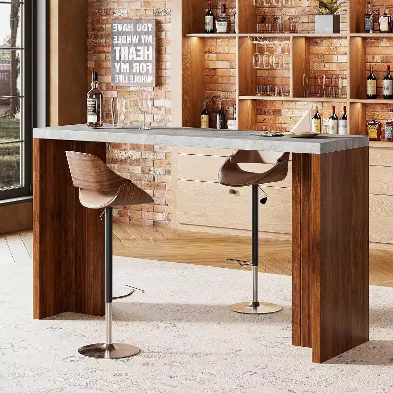 Tavolo da Bar ad Altezza Bancone Grigio/Bianco + Marrone/Noce, Piano Effetto Marmo, 4 Posti