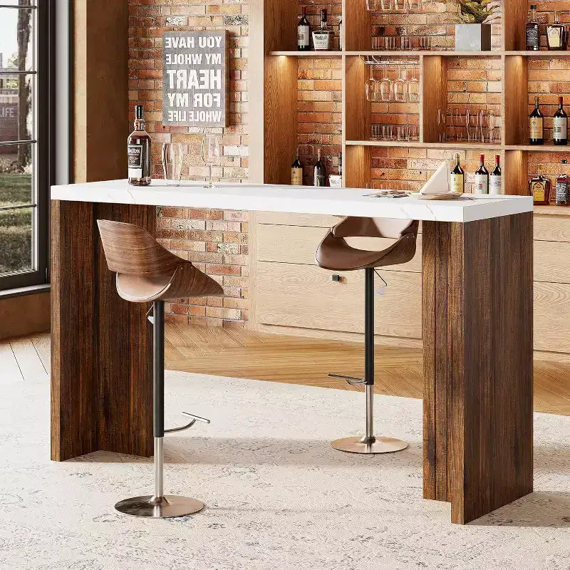 Tavolo da Bar ad Altezza Bancone Grigio/Bianco + Marrone/Noce, Piano Effetto Marmo, 4 Posti
