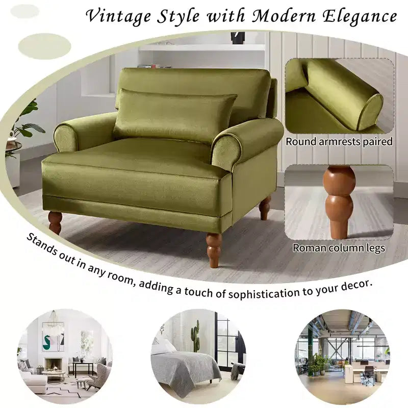 Poltrona accent oversize beige/verde/bianca con braccioli rotondi e cuscino lombare – 1 posto