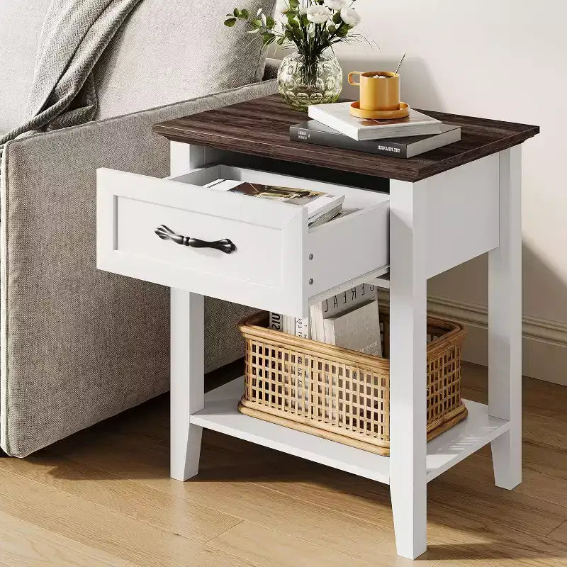 Comodino industriale grigio/bianco con cassetto e ripiano, 1–2 pezzi