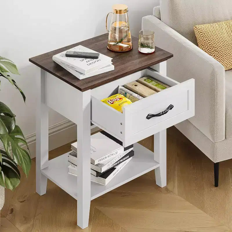 Comodino industriale grigio/bianco con cassetto e ripiano, 1–2 pezzi