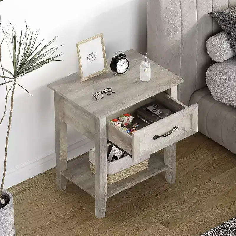 Comodino industriale grigio/bianco con cassetto e ripiano, 1–2 pezzi
