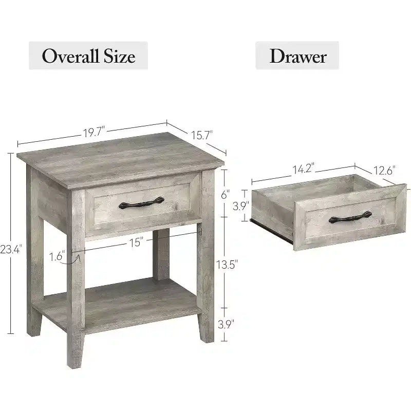 Comodino industriale grigio/bianco con cassetto e ripiano, 1–2 pezzi