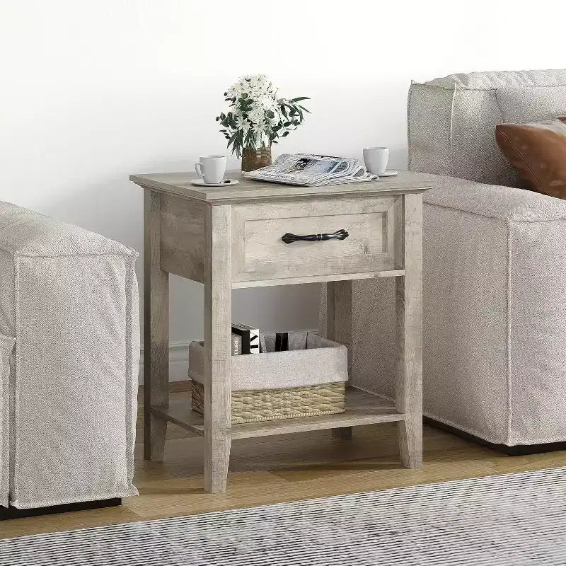 Comodino industriale grigio/bianco con cassetto e ripiano, 1–2 pezzi