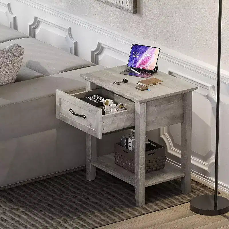 Comodino industriale grigio/bianco con cassetto e ripiano, 1–2 pezzi